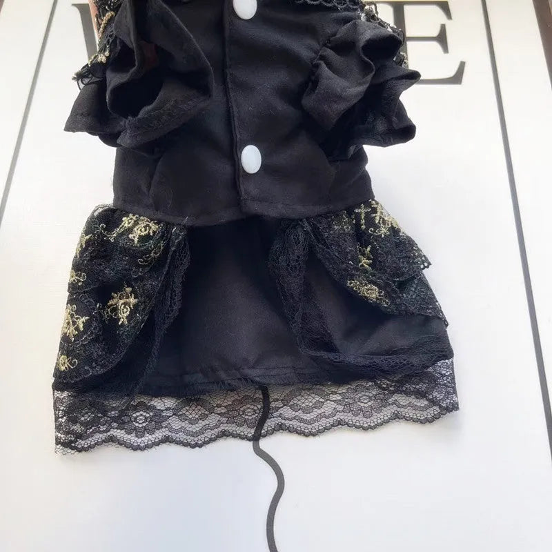 Golden gothic princess-style polyester skirt for cats and dogs showing detailed sizing options