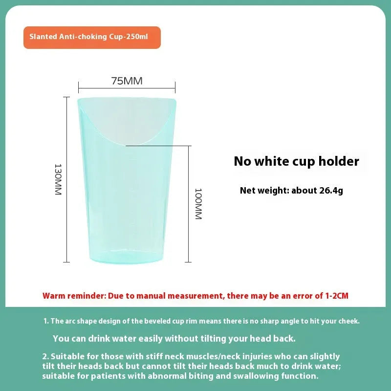 Oblique mouth choke proof cup with optional wrist splint for elderly bed drinking safety