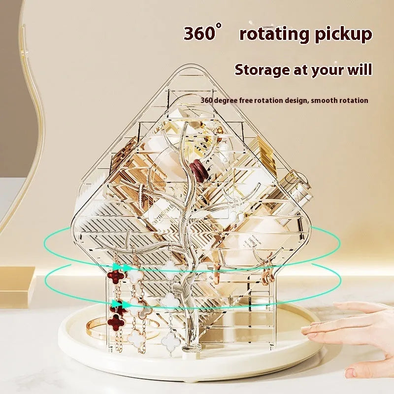 Rotating cosmetics storage box in clear plastic with 360° rotation mechanism on a bathroom counter