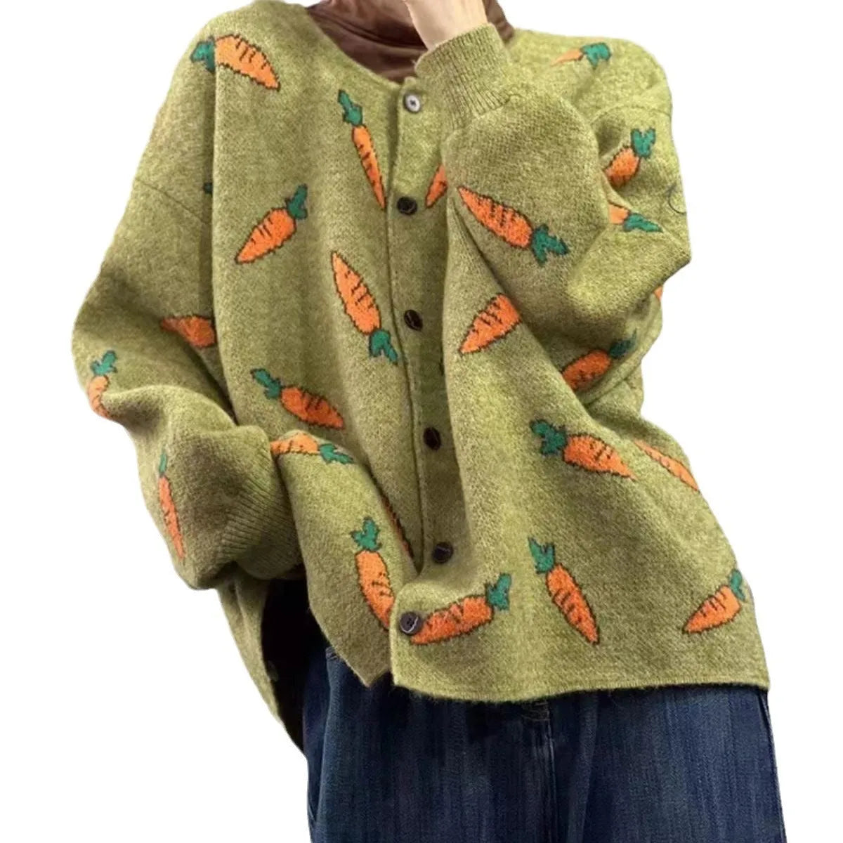 Mori artistic printing cardigan sweater with colour contrast design in loose casual fit