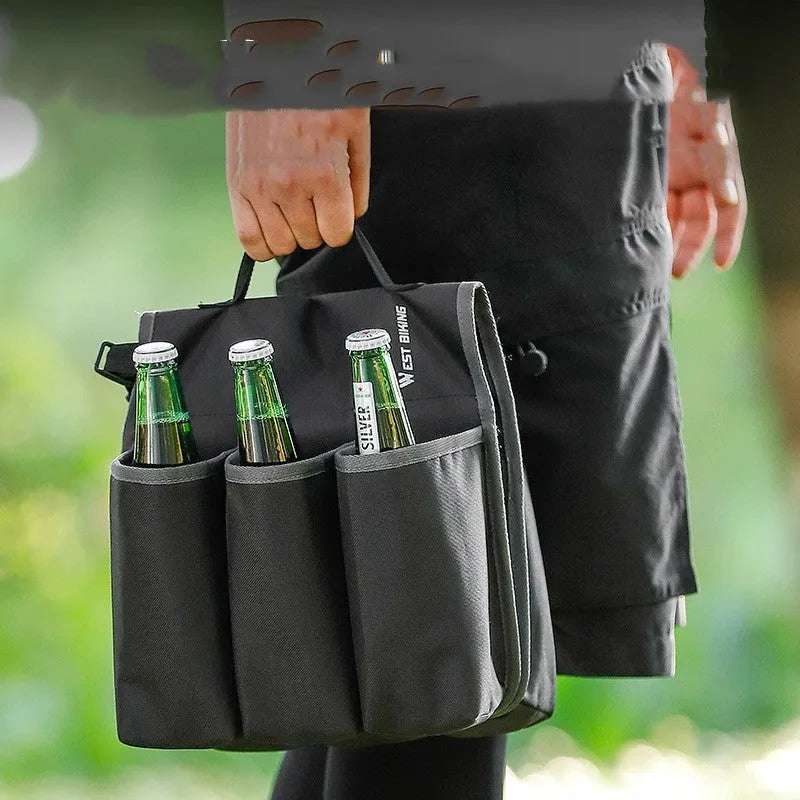 Black bicycle drink bottle cage storage bag mounted on bike frame showing 600D PVC construction and 2-litre capacity