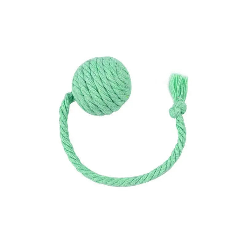 Cat toy ball with attached rope and bell in green, pink, purple or yellow colours showing 6cm and 3cm size comparison