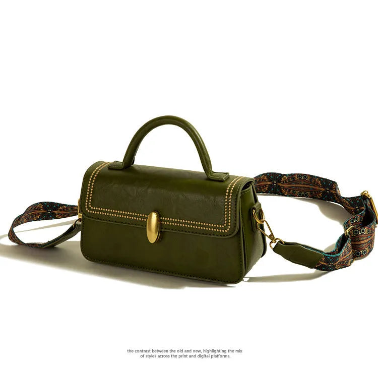 Brown retro messenger bag showing square vertical design with crossbody strap and outer sandwich pocket