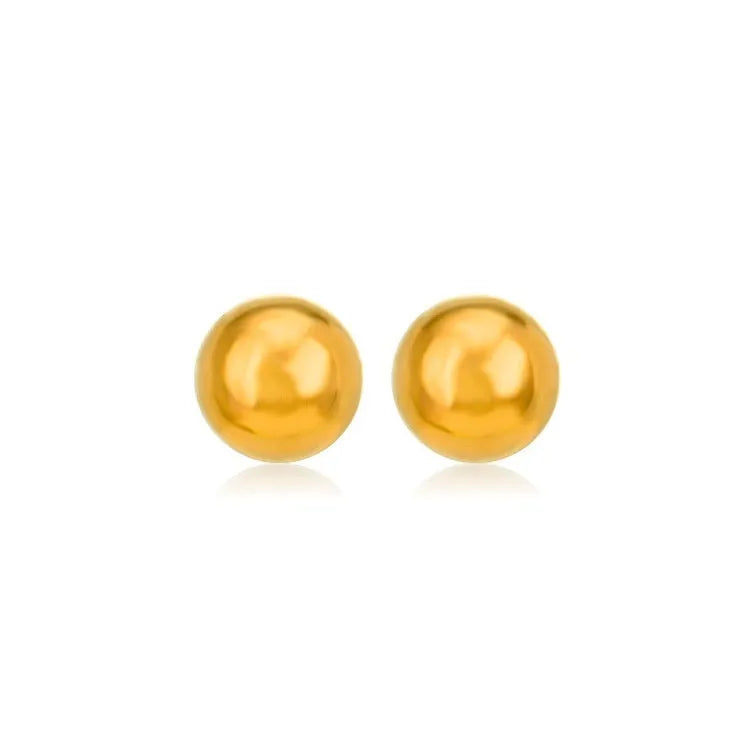 Stainless steel minimalist ball stud earrings in gold or silver, showing size comparison of 3mm, 4mm, 5mm and 6mm balls.