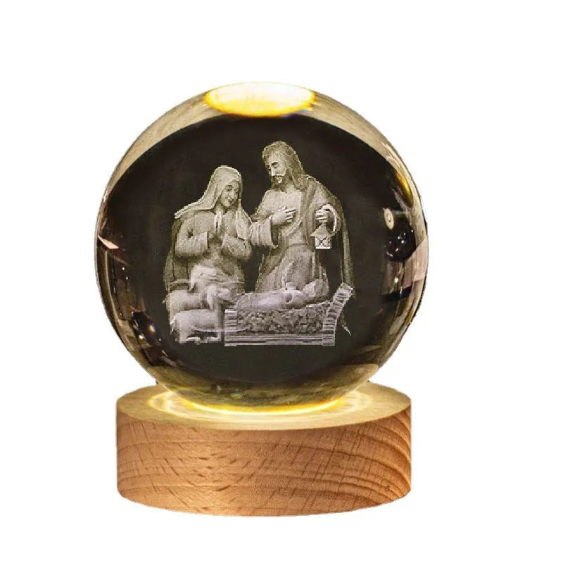 White crystal ball church desk ornament lamp with solid wood warm light base