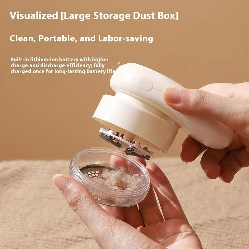 Beige and purple digital display USB rechargeable fur ball trimmer with multiple cutter head options.
