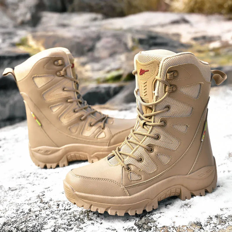 Men's black cowhide hi-top hiking shoes with platform sole for outdoor running and camping