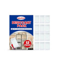 Pack of 12 white calcium chloride desiccant units for cupboard and wardrobe moisture control.