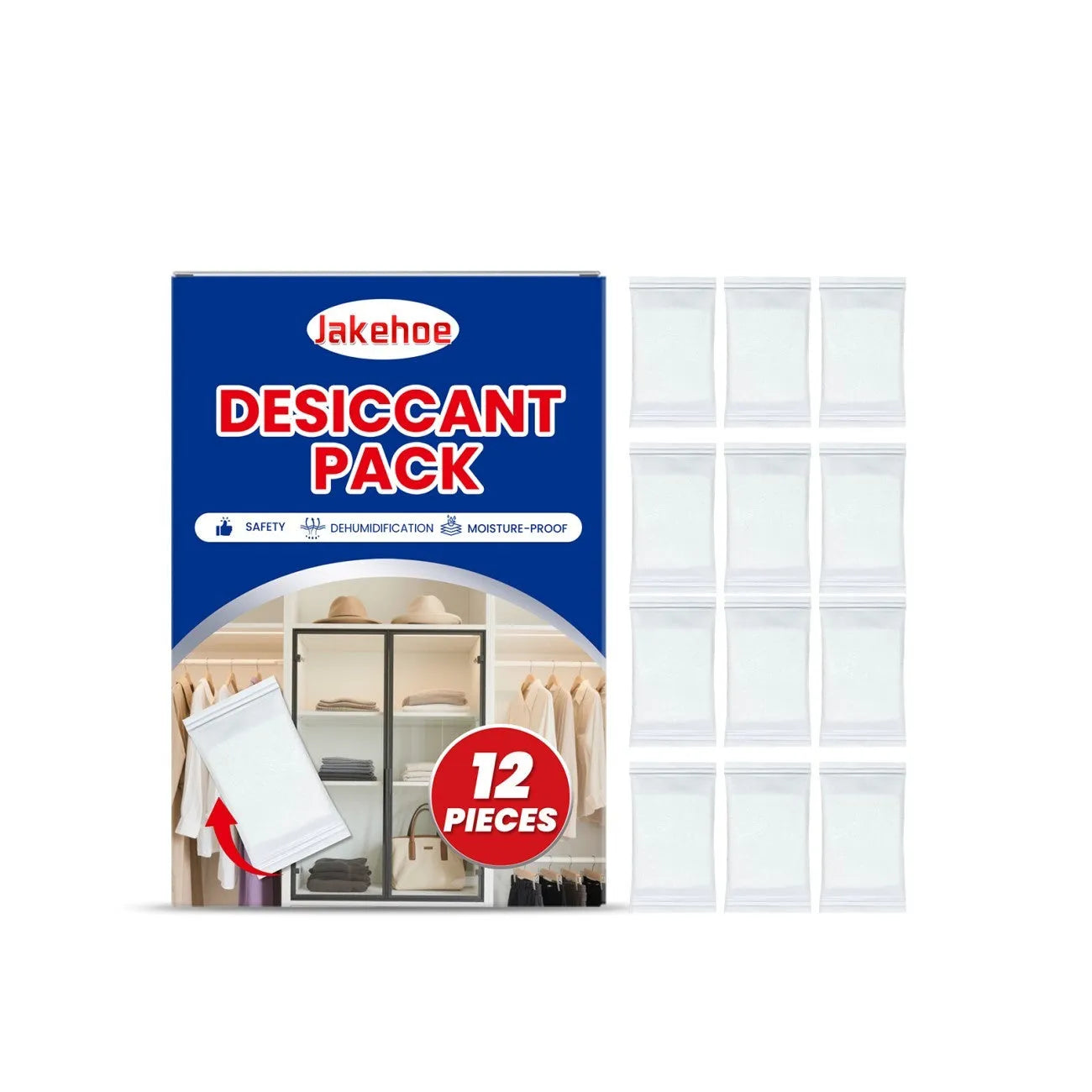 Pack of 12 white calcium chloride desiccant units for cupboard and wardrobe moisture control.