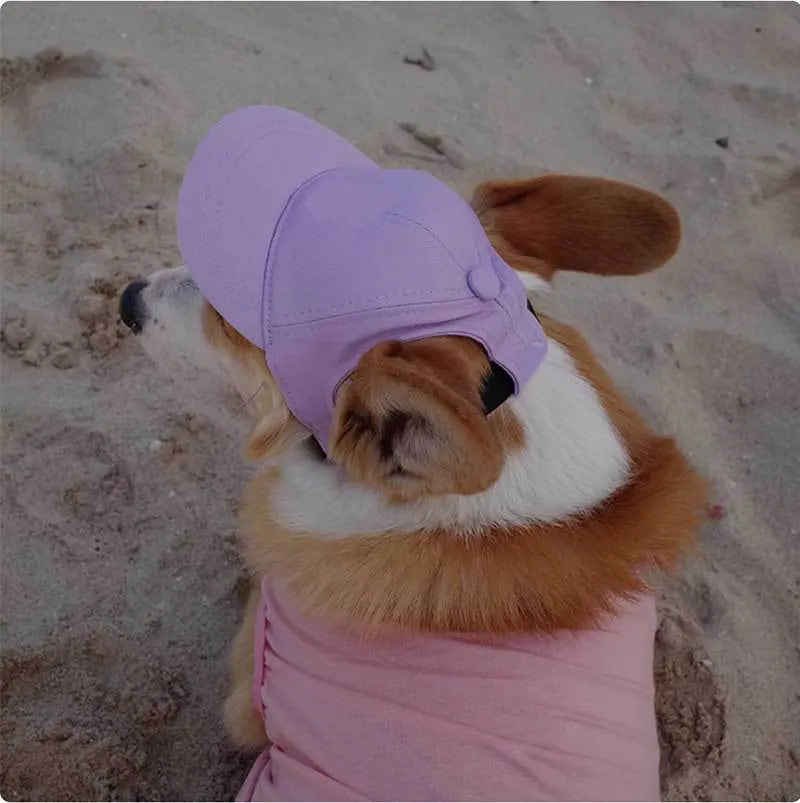 Cotton sun-proof exposed ears pet baseball cap in apricot with adjustable strap, suitable for dogs and cats.