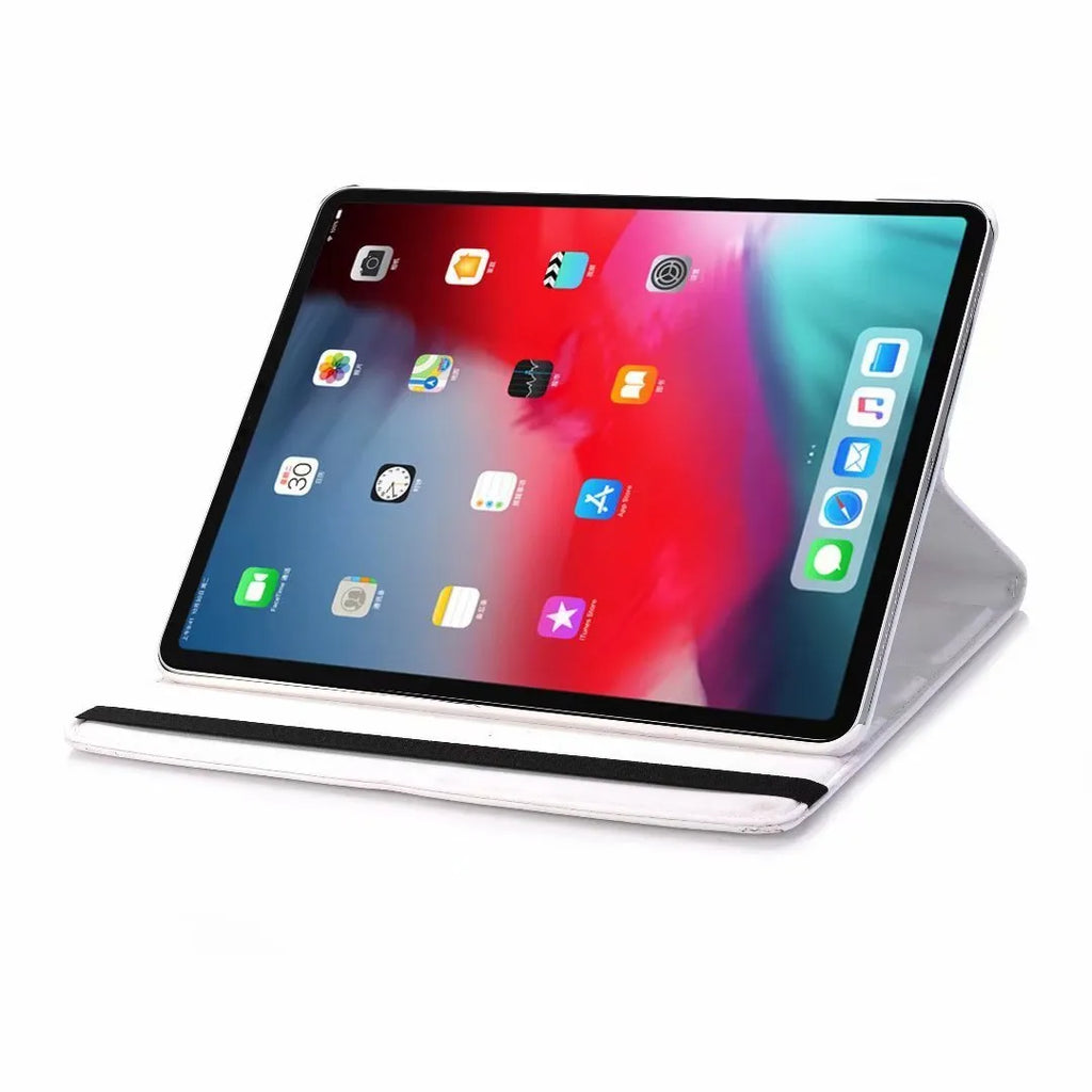 iPad Pro rotating protective sleeve in imitation leather showing clamshell design with twelve colour options