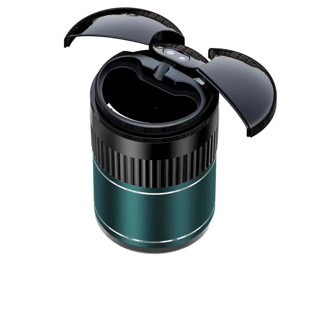 Compact metal car ashtray with lid in black, showing automatic sensor or touch controls.