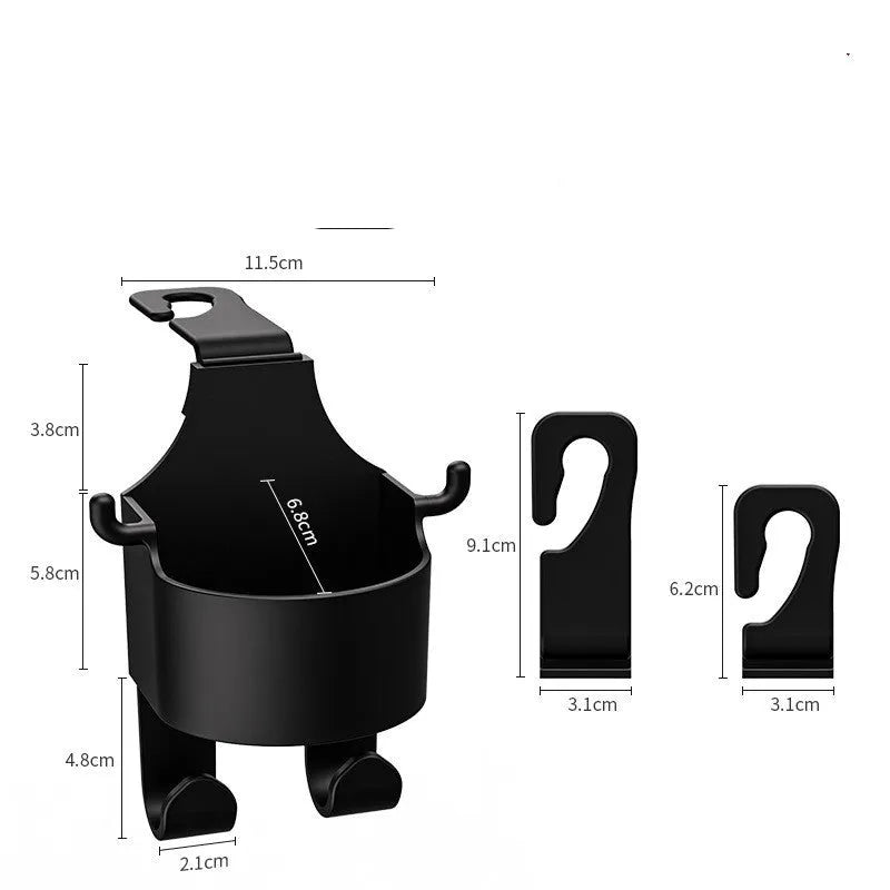 Black plastic car seat back organiser with cup holder and storage hook for vehicle interior