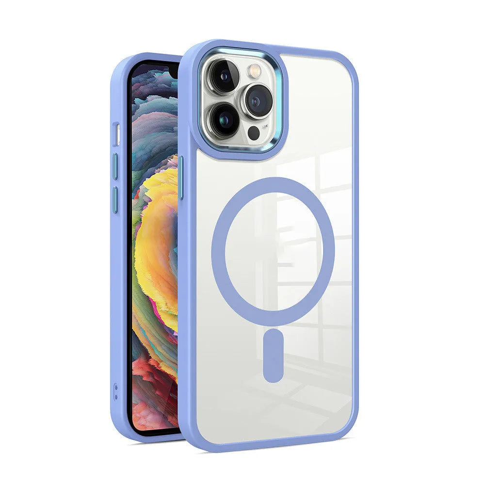 Magnetic transparent silicone phone case for iPhone in various colours including green, red, blue, black, and pink