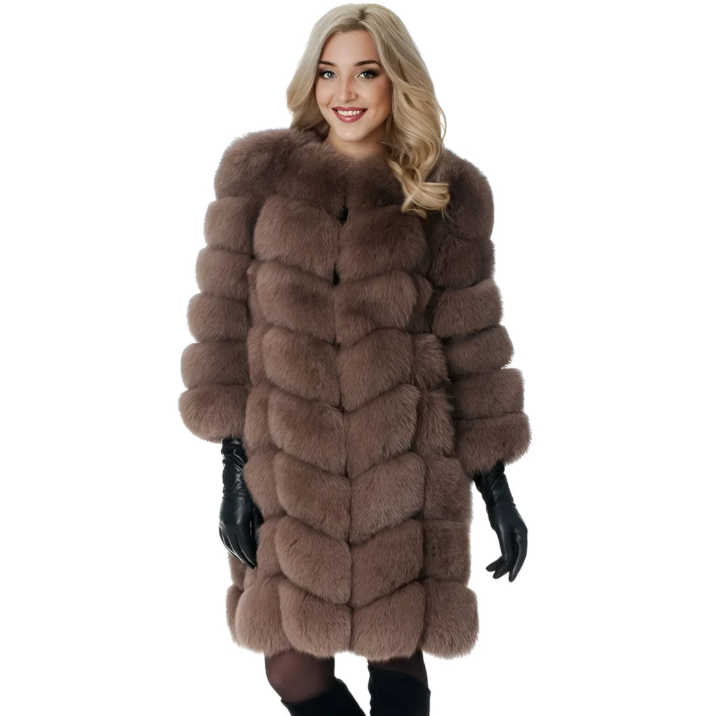 Women's long artificial fur coat in black colour showing regular sleeves and full-length design
