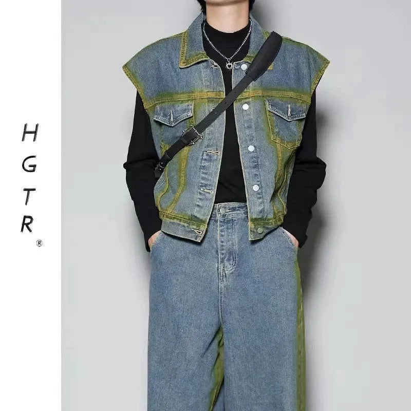 Fleece-lined spray colour gradient distressed vest and jeans two-piece set in blue or black colour options