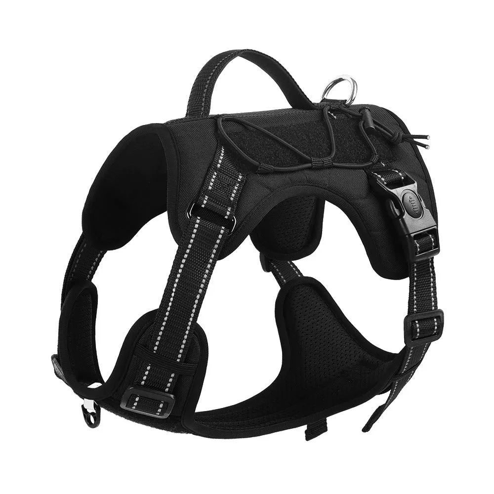 Reflective dog harness vest with integrated hand-holding rope leash in orange colour showing explosion-proof chest strap design