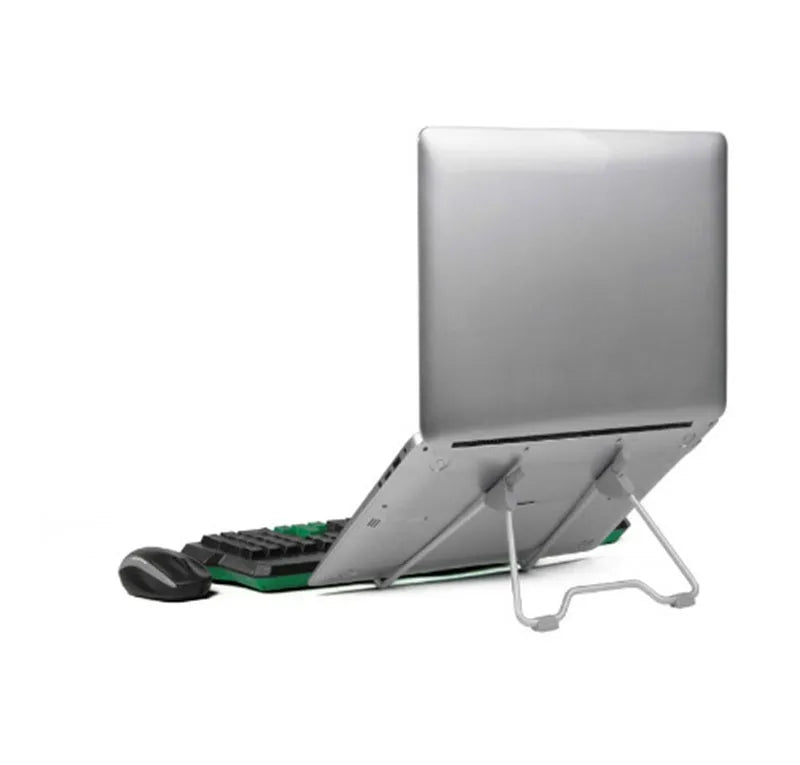 A grey aluminium alloy and plastic stand holding a mobile phone and a laptop at an adjustable angle.