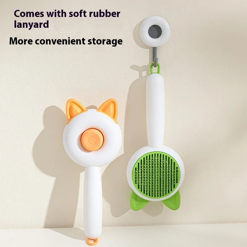 Self-cleaning pet grooming brush with stainless steel teeth and TPR massage nodes in greenish white colour.
