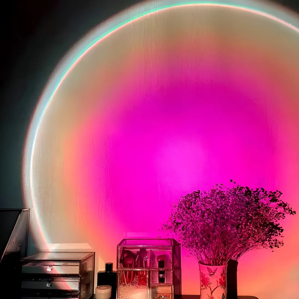 Red rainbow sunset projection lamp with USB cable and push button control