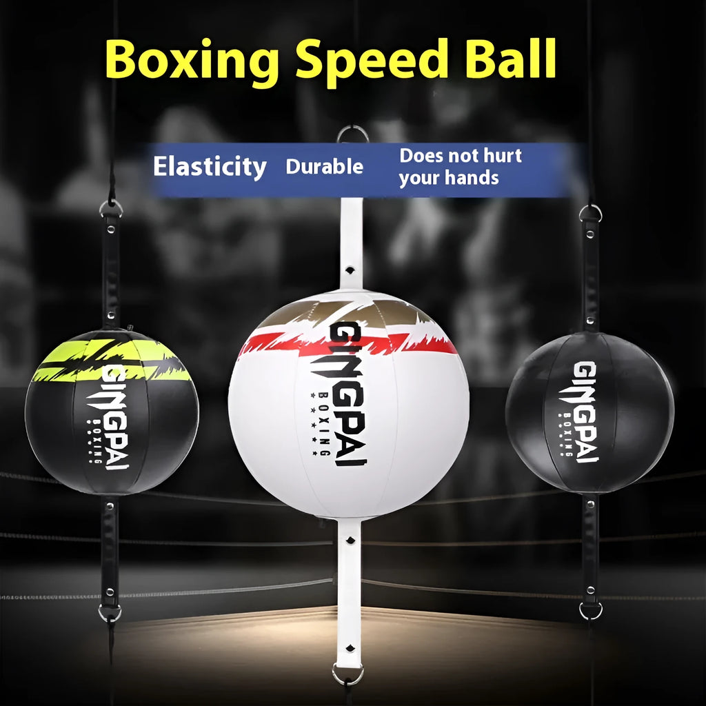 Black and green PU hanging boxing speed ball for reaction training.