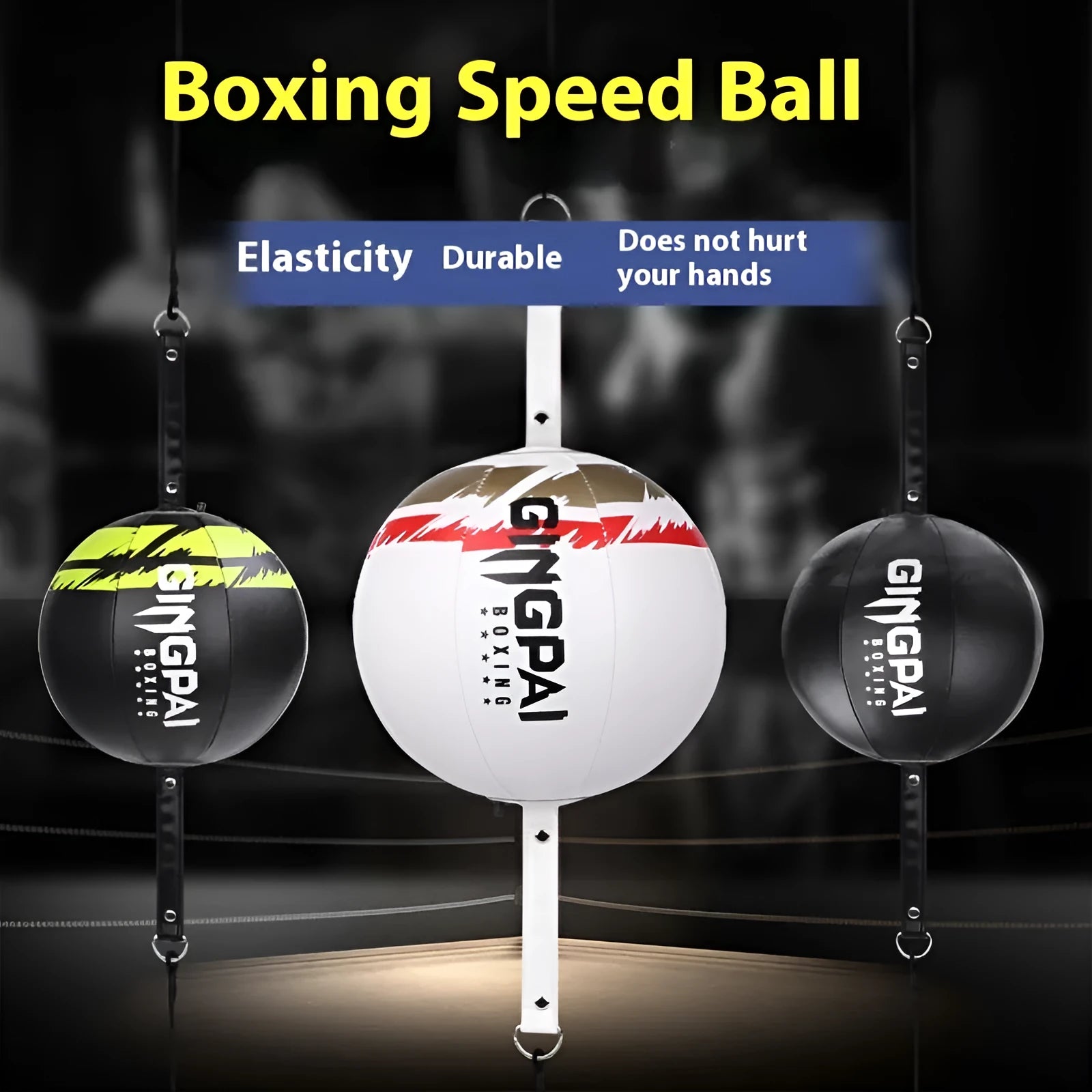 Black and green PU hanging boxing speed ball for reaction training.