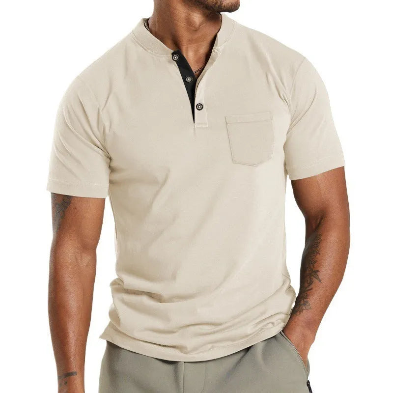 Plus size man modelling a solid colour short sleeve polyester shirt with a buttoned chest pocket.