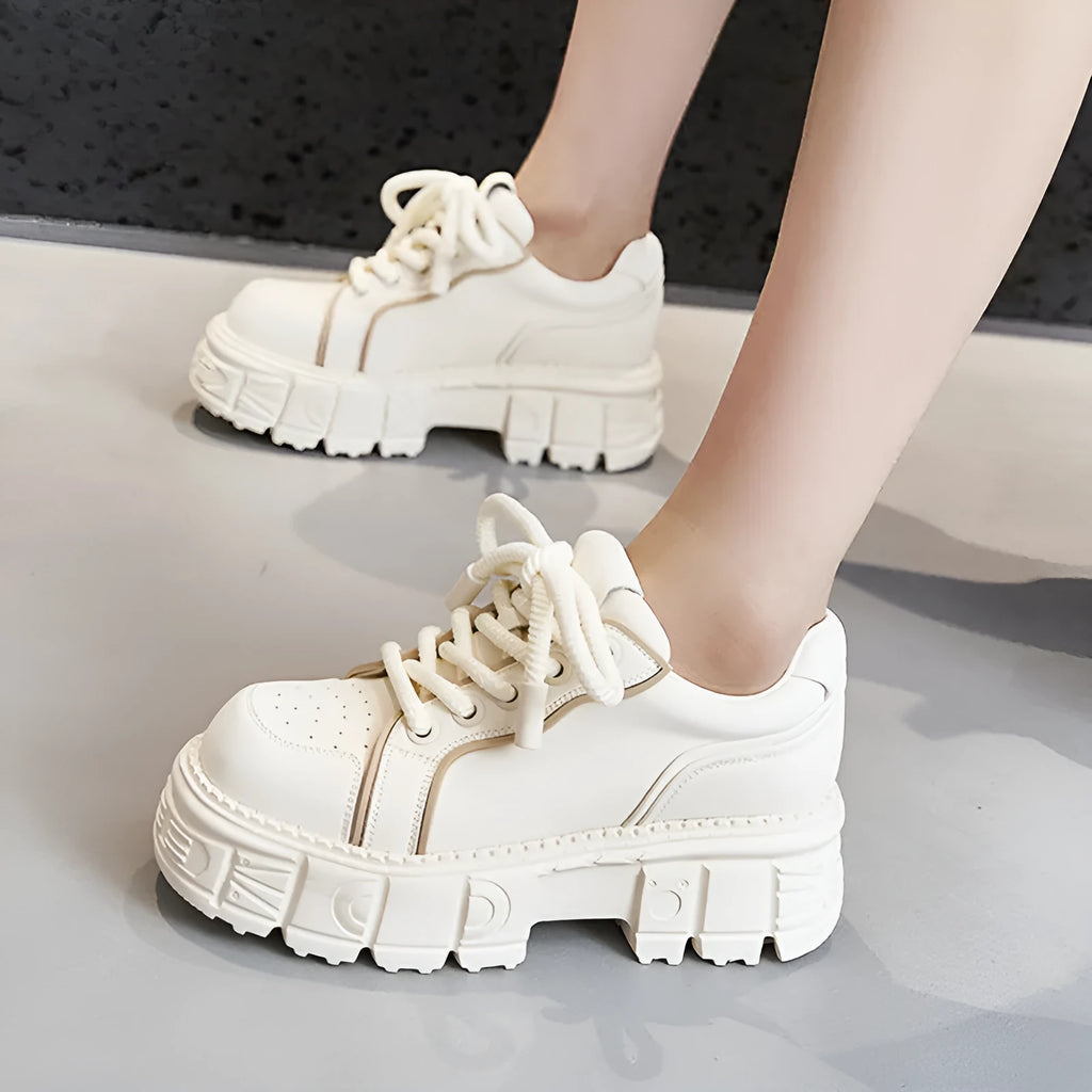 Beige and pink leather casual shoes with muffin bottom design and height increasing sole