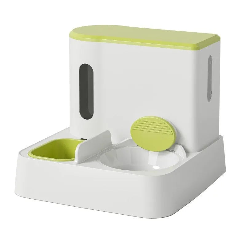 Automatic cat feeder and water dispenser with integrated double bowl in grey, green, or yellow