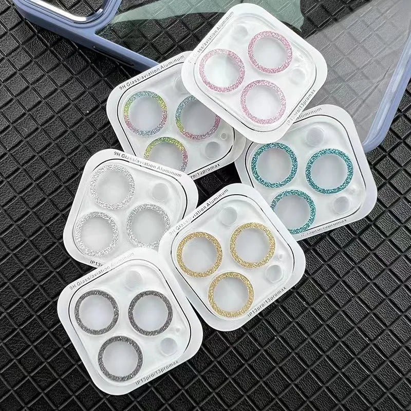 Tempered glass integrated lens protector with rhinestone glitter finish for Apple iPhone camera