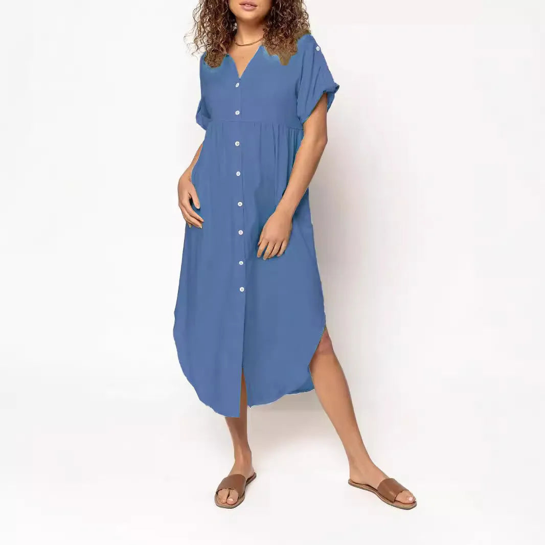Loose fit casual dress with button front in mid-length design available in multiple solid colours