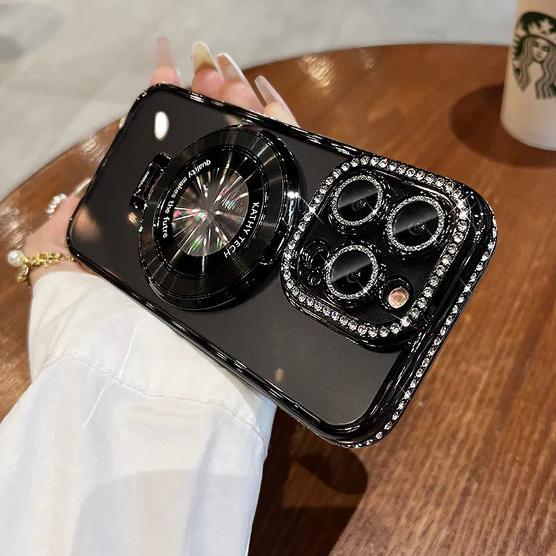 Transparent silicone iPhone case with rhinestone frame and built-in magnetic bracket in purple colour.