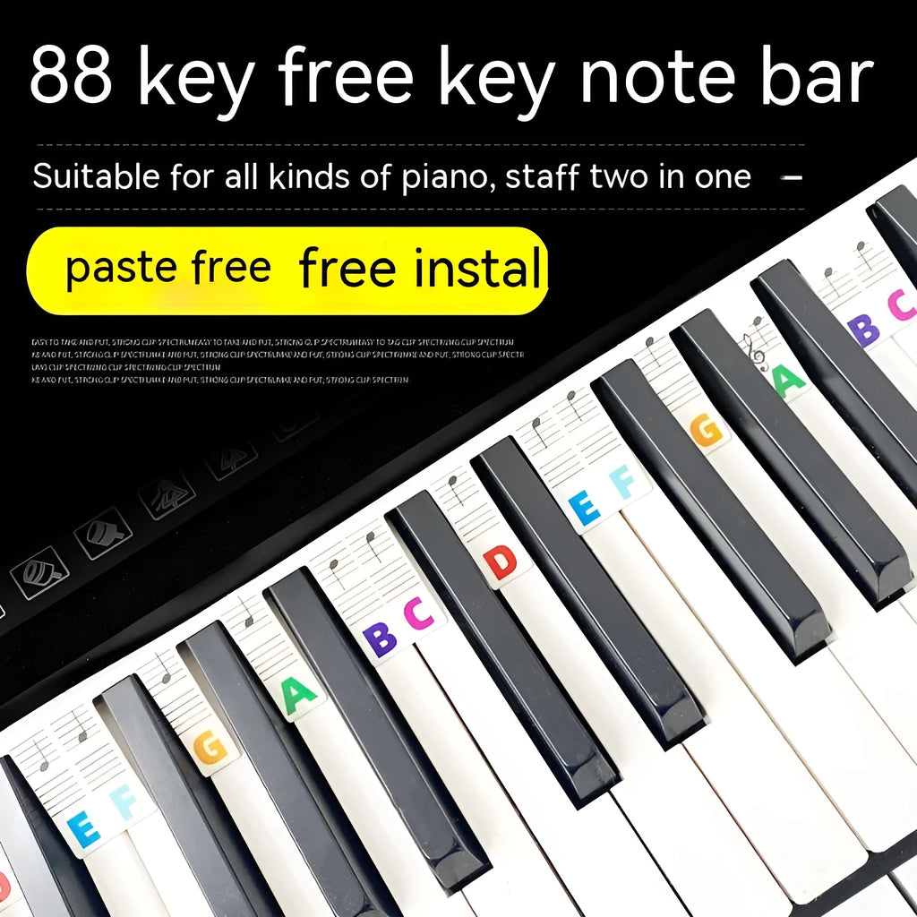 Set of white cardboard piano note stickers for 88-key keyboard, showing colour bars or black notes option.
