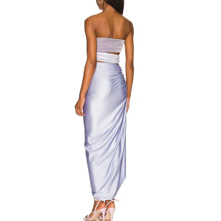 Purple one-piece swimsuit with matching wrap skirt in polyester fabric