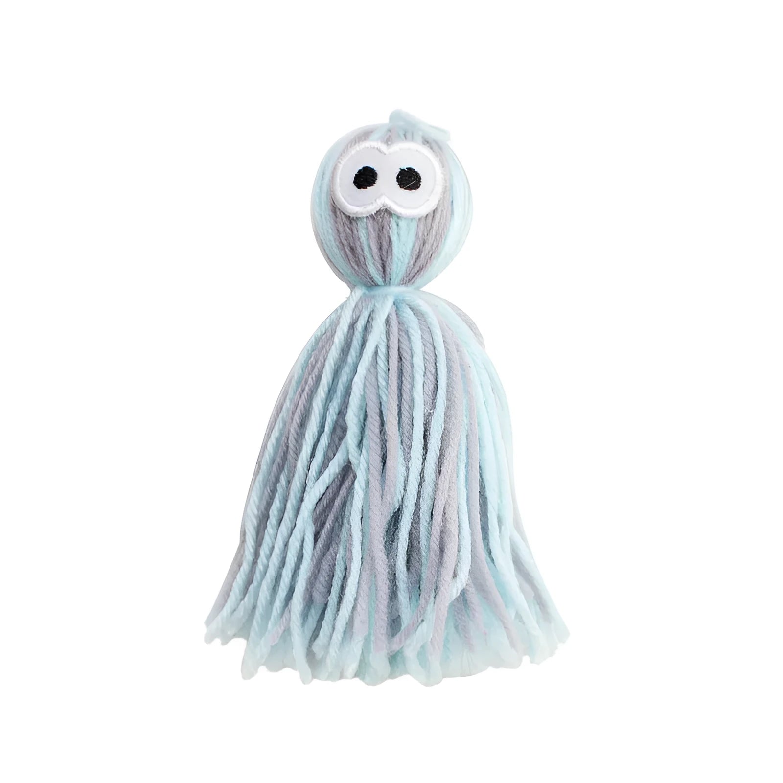 Wool cat toy ball with hanging string in blue grey, pink and blue, or pink purple colours for biting and scratching
