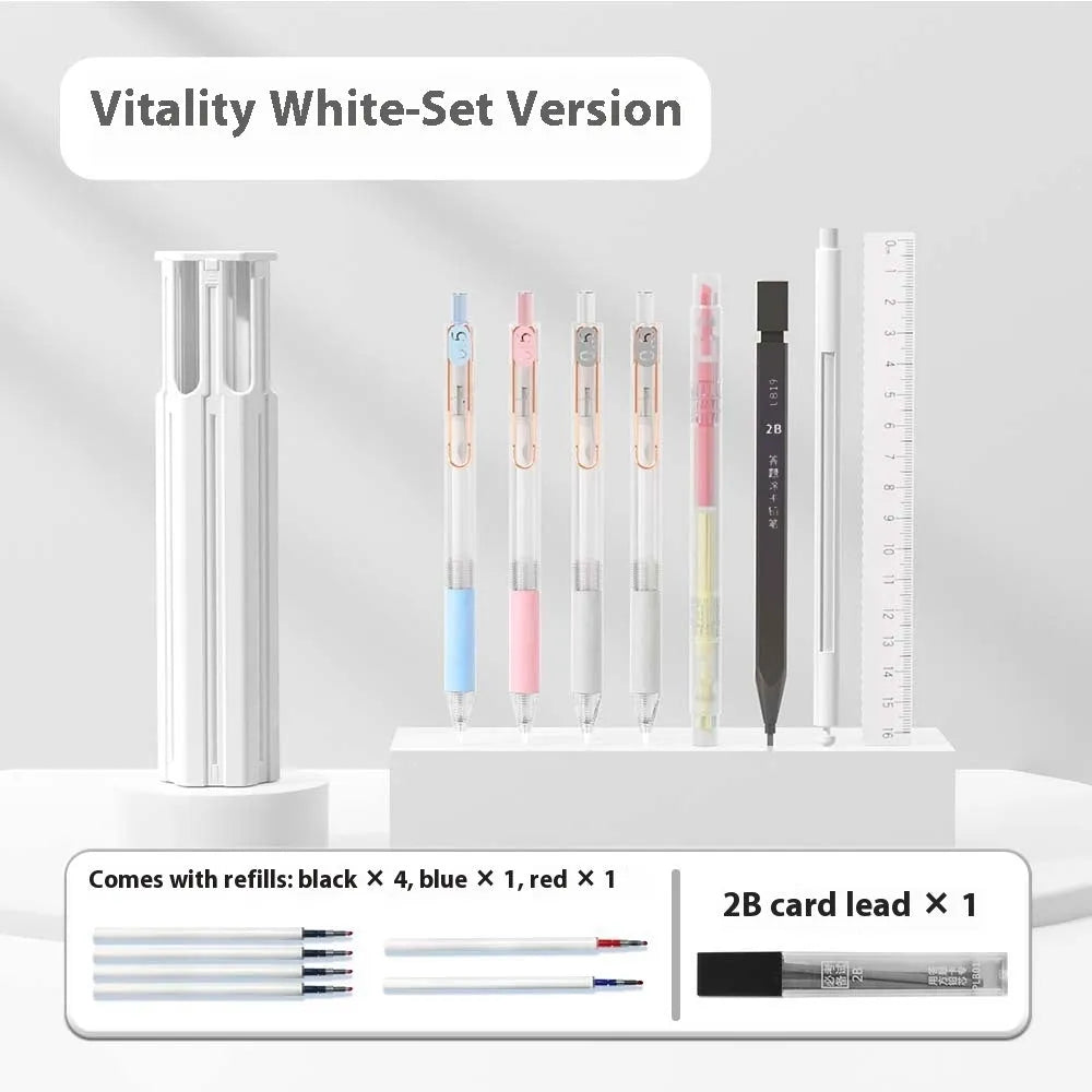Plastic six pens pencil case kit in Sky Blue, Vigorous White and Girl Pink colours, showing Simple and Suite set options.