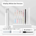 Plastic six pens pencil case kit in Sky Blue, Vigorous White and Girl Pink colours, showing Simple and Suite set options.