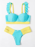 Women's contrasting colour bikini set with steel bracket push-up support, shown in rose red, black, peacock blue, and blue.