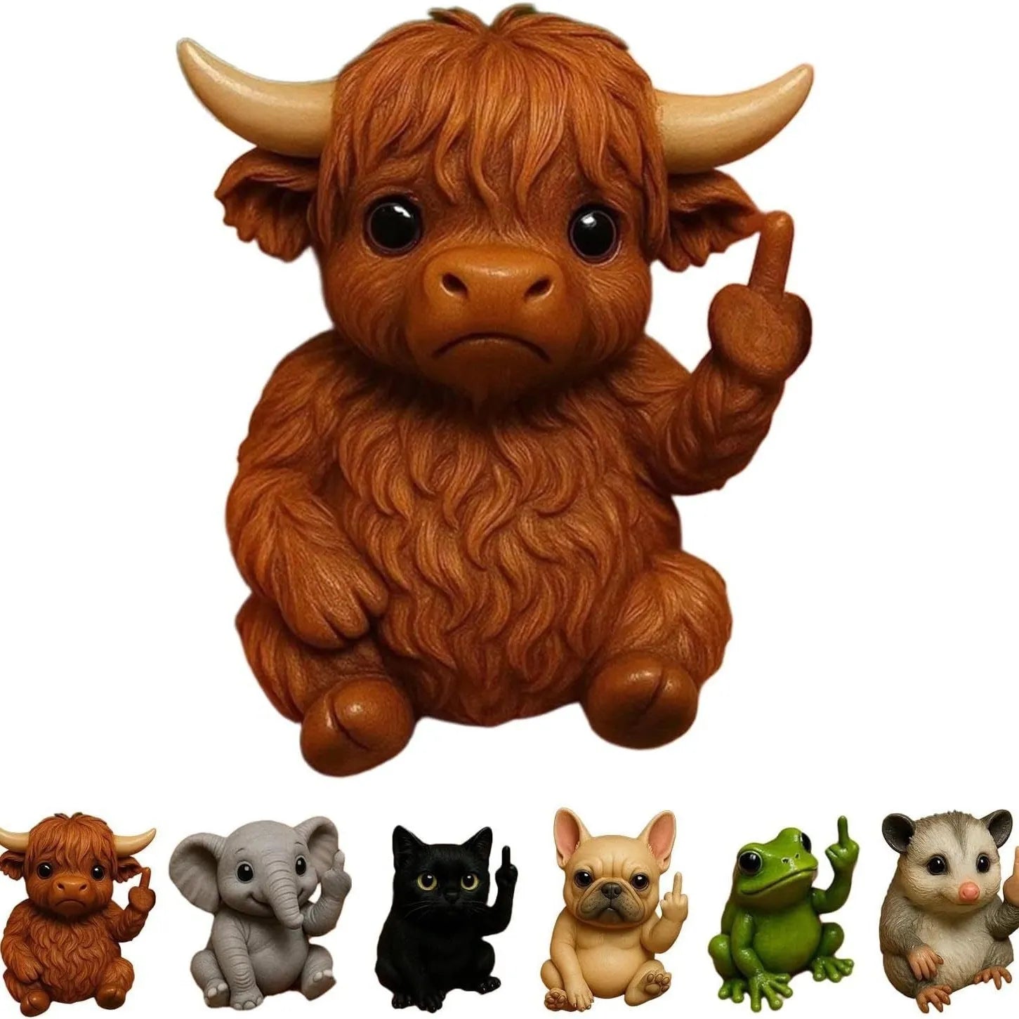Resin animal middle finger doll in cat, dog, elephant, frog, Highland cattle, mouse, or turtle style.