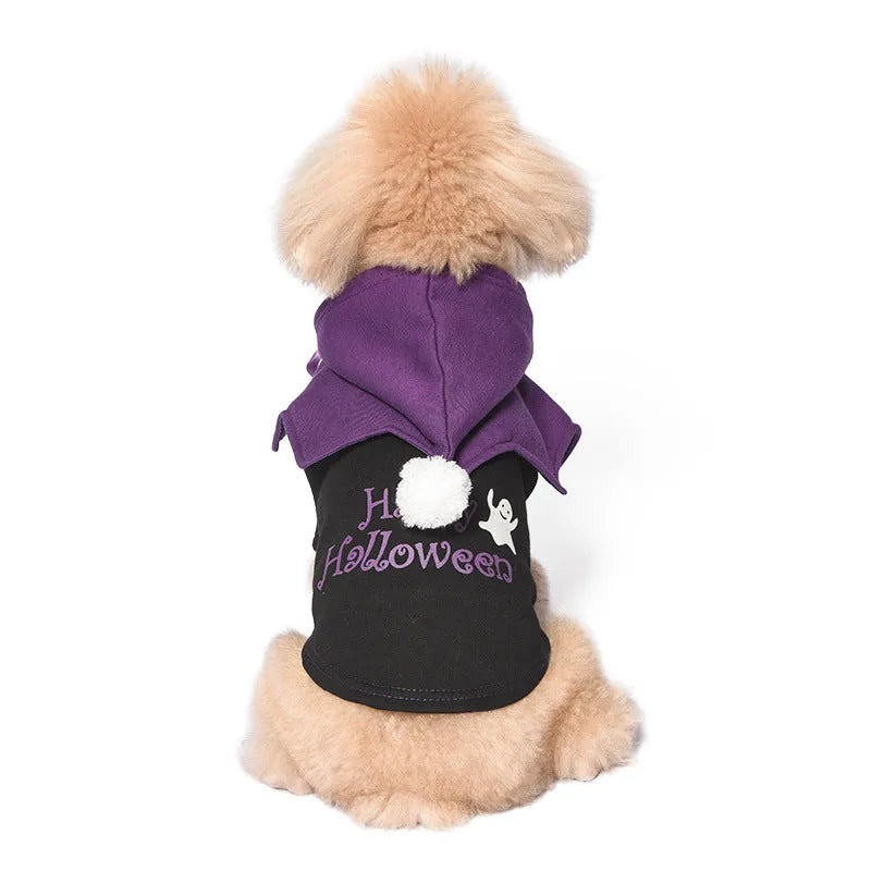 Black and orange Halloween pumpkin print two-piece dog clothes set with sweater and shawl