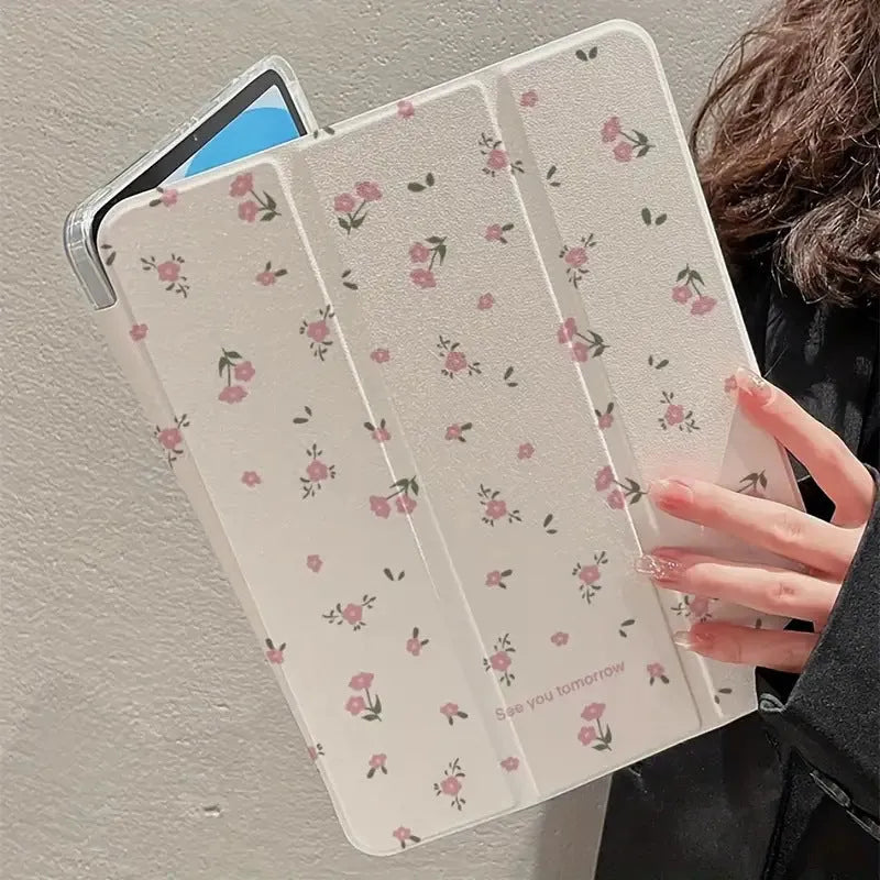 Transparent floral tri-fold iPad case with magnetic stand bracket shown open
