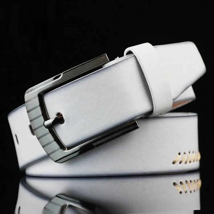 Men's black imitation leather belt with threading pattern and a silver alloy pin buckle.