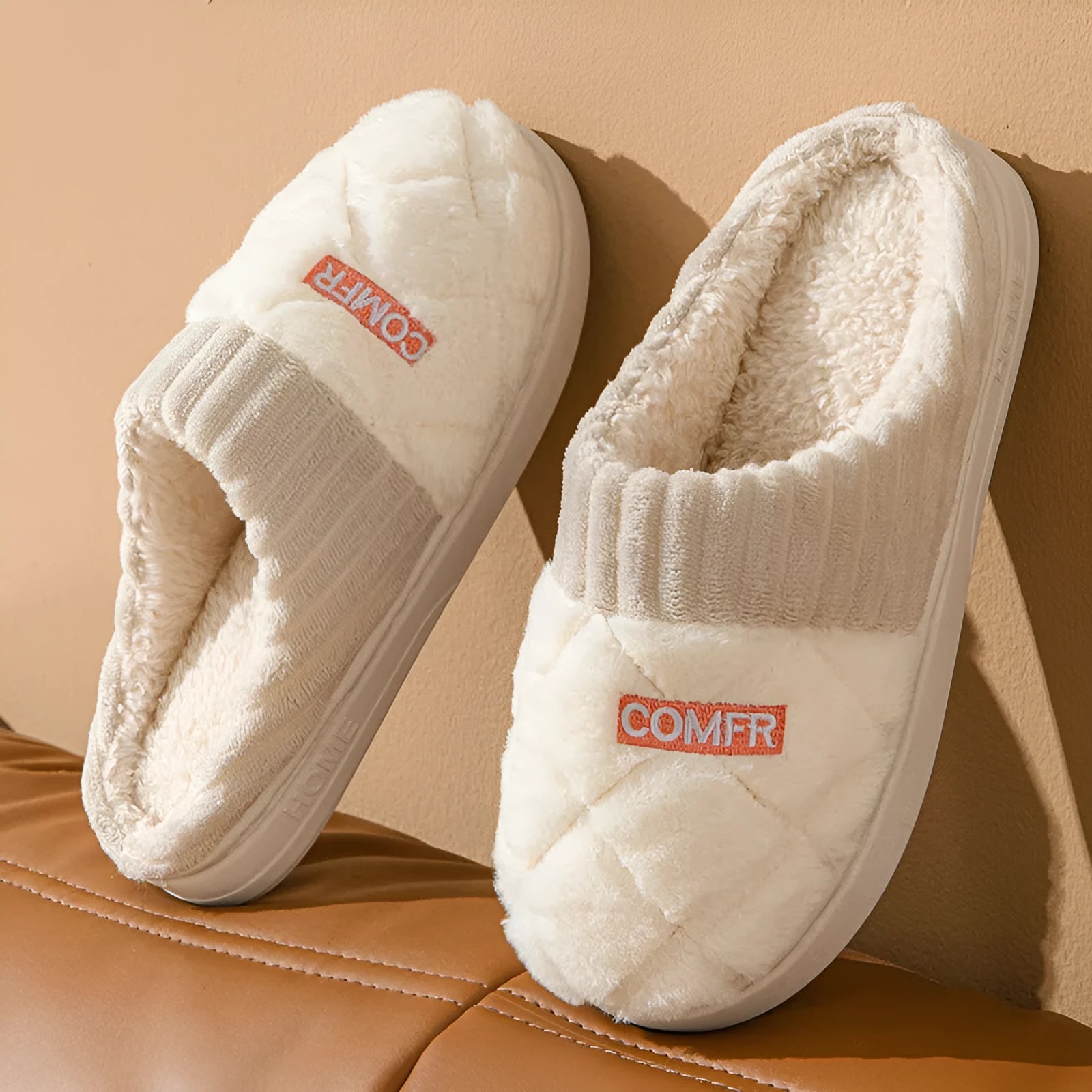 Solid rhombic letter home slippers in thickened plush with EVA sole, available in multiple colours and sizes for men and women