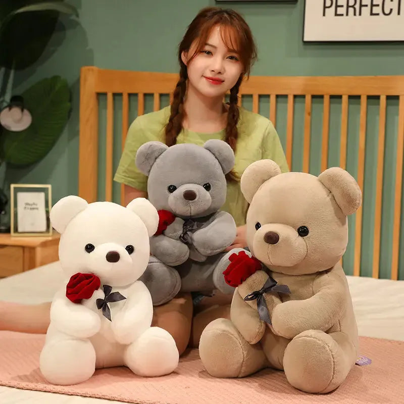 Rose bear teddy plush pillow doll in beige, brown or grey with PP cotton filling