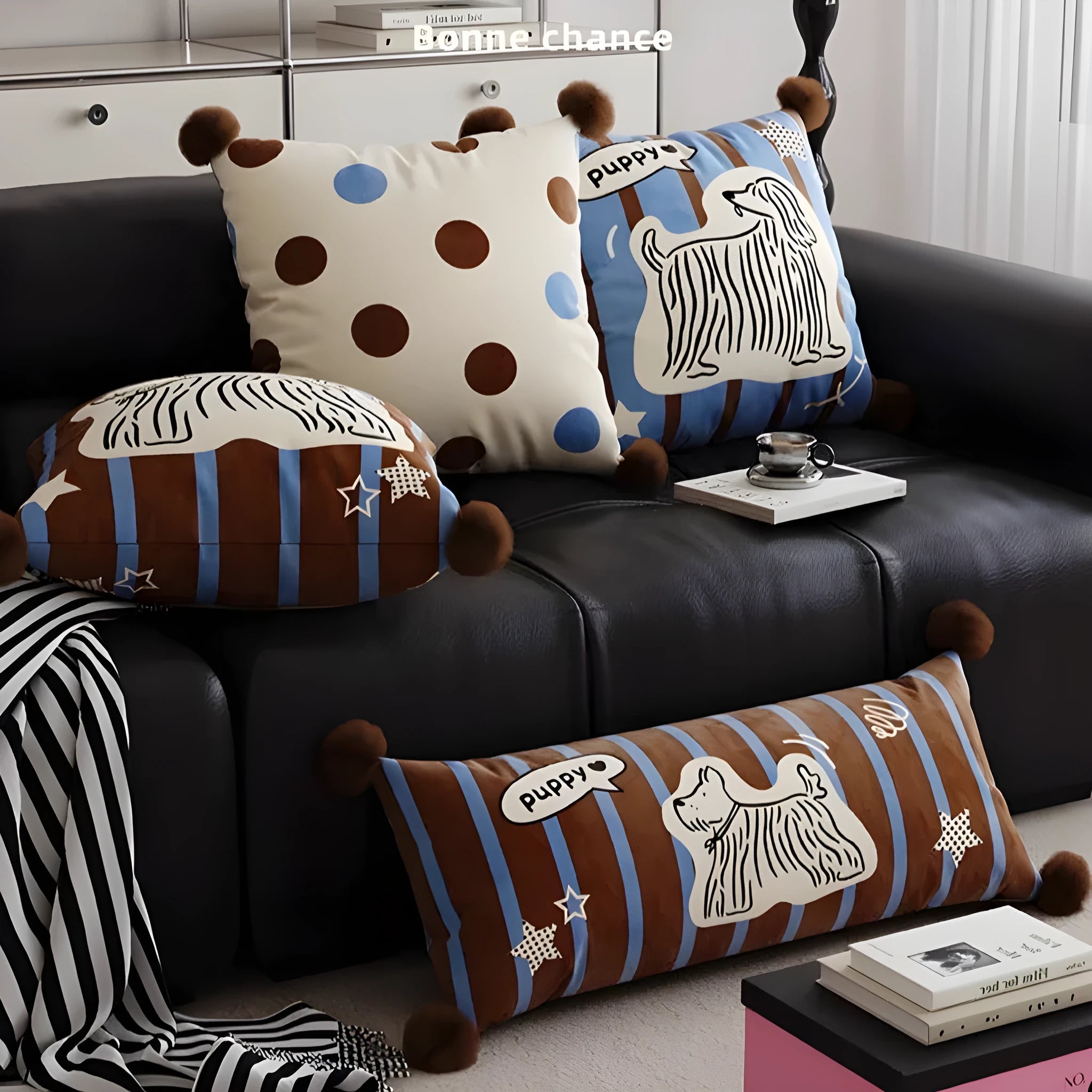 Cotton cartoon anime cushion pillow in blue, brown, or white on sofa