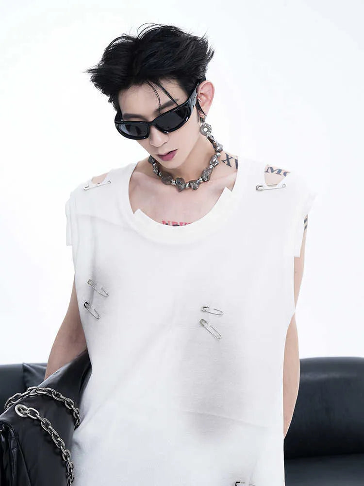 Men's black sleeveless waistcoat vest with ripped irregular cutting details and round neck collar