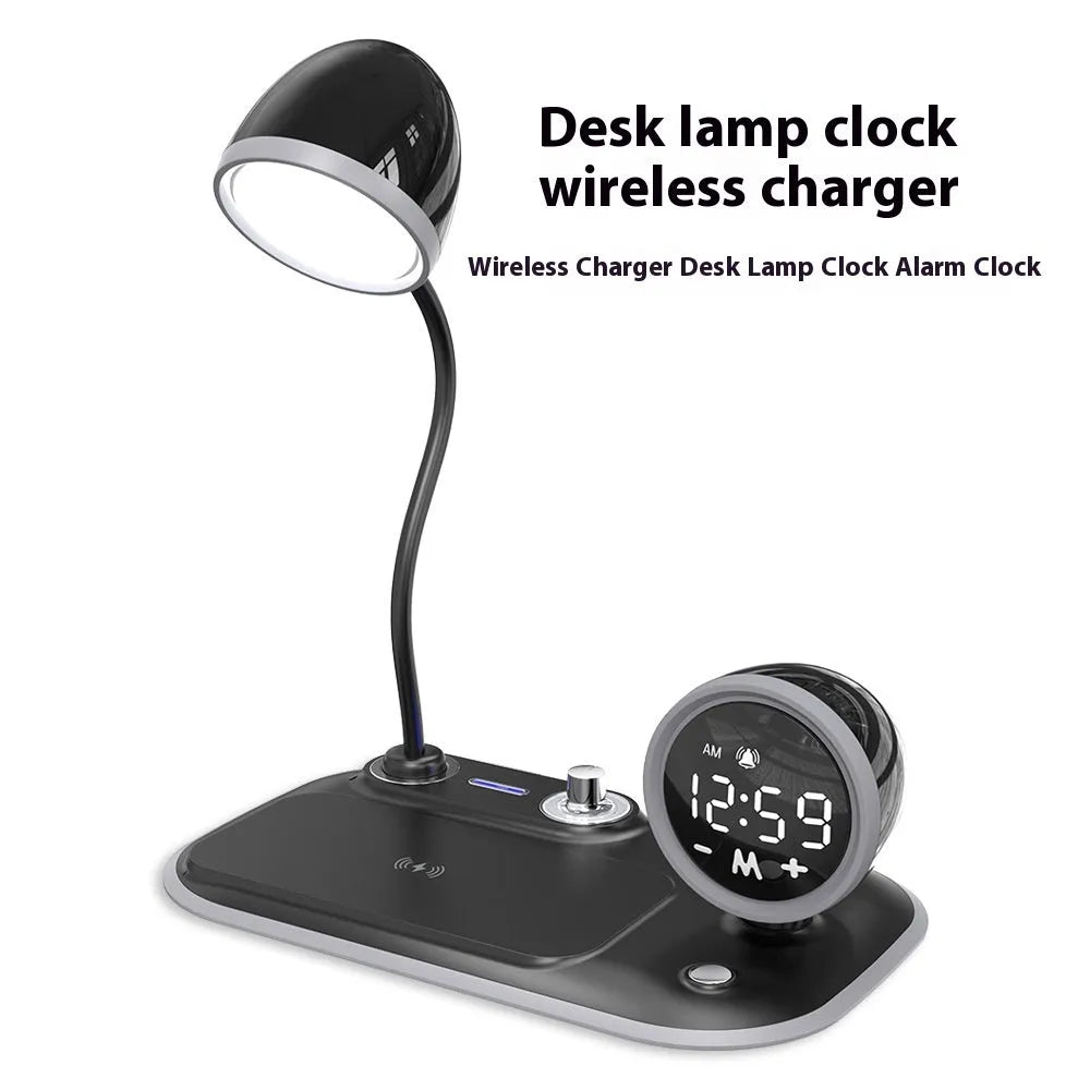 White three-in-one desk lamp with LED lighting, digital clock display, and wireless charging pad on desktop