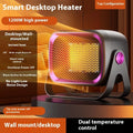 Rotatable white desktop ceramic heater on a wooden table showing control buttons and air outlet.