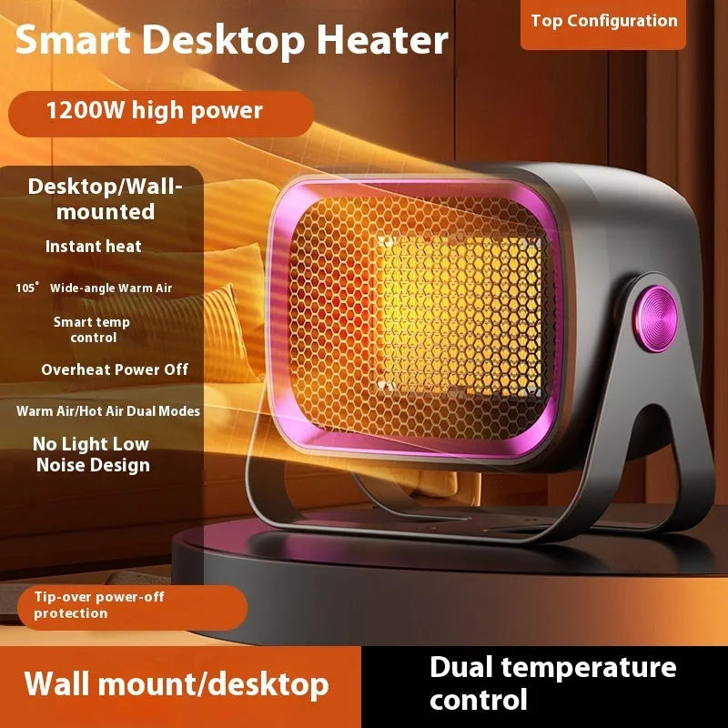 Rotatable white desktop ceramic heater on a wooden table showing control buttons and air outlet.