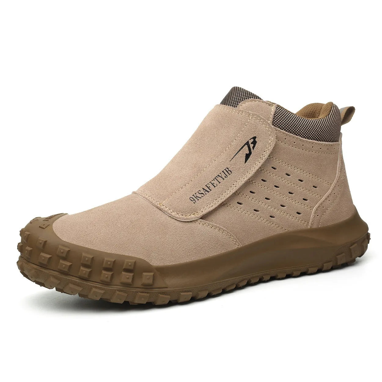 Lightweight welder safety shoes with steel toe cap in sand colour and grey, showing lace-up front and rubber sole.